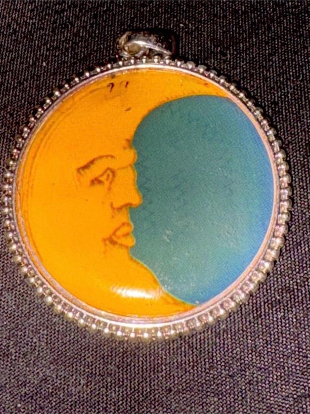 Moon Face Pendant Necklace - Orange & Teal Enamel